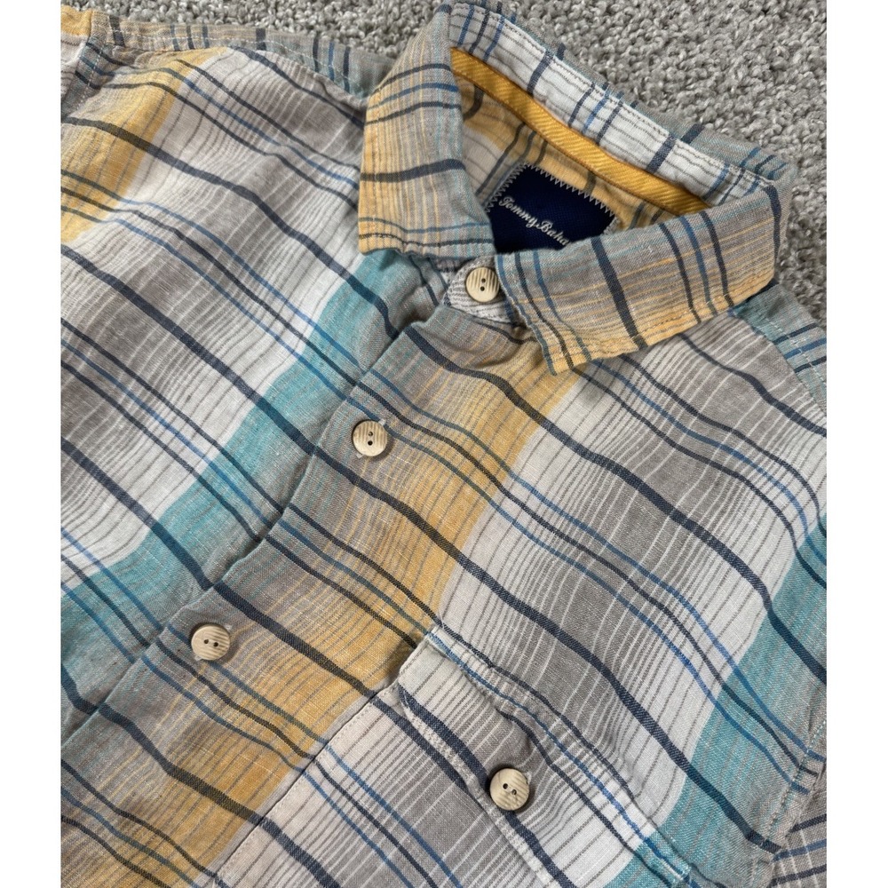 Tommy Bahama Mens Linen Hawaiian Shirt‎ Button Up Short Sleeve Plaid Medium